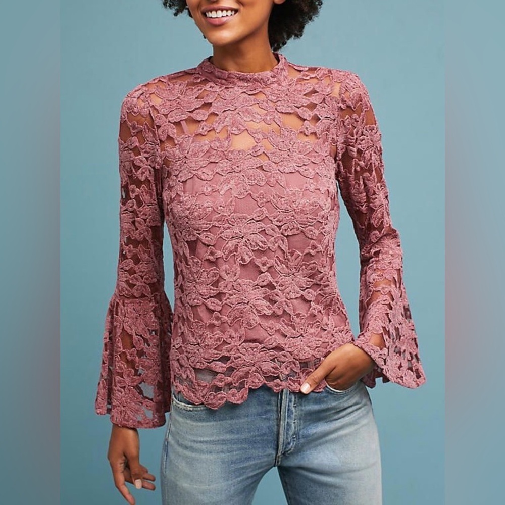 Anthropologie - Akemi + Kin Rose Pink Mock Neck Lace Long Sleeve Blouse Size 6